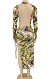 Multicolor Sexy Print Patchwork Frenulum Backless Fold Asymmetrical O Neck Irregular Dress Dresses