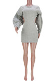 Grey Sexy Solid Hollowed Out Patchwork O Neck One Step Skirt Dresses