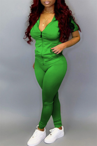 Green Fashion Casual Solid Basic Zipper Collar Short Sleeve Two Pieces