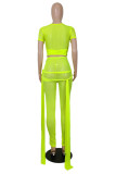 Fluorescent Green Sexy Solid Bandage Patchwork See-through O Neck Short Sleeve Two Pieces