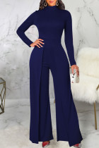 Dark Blue Casual Solid Patchwork Half A Turtleneck Straight Jumpsuits