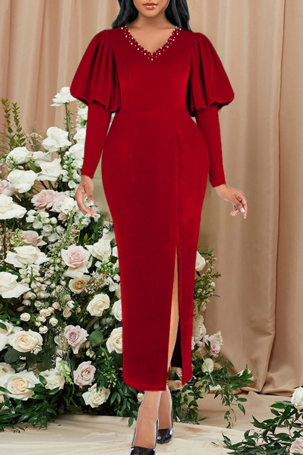 Rode elegante effen patchwork kralen vouw V-hals rechte jurken