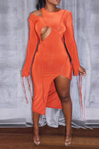 Orange Sexy Solid Patchwork Frenulum Asymmetrical O Neck One Step Skirt Dresses