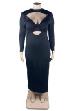 Black Fashion Sexy Solid Hollowed Out Slit O Neck Long Sleeve Plus Size Dresses