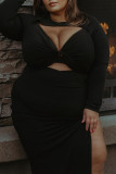 Black Fashion Sexy Solid Hollowed Out Slit O Neck Long Sleeve Plus Size Dresses