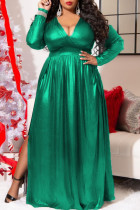 グリーンファッションカジュアルソリッドスリットVネック長袖プラスサイズのドレス