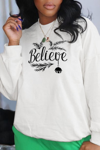 White Fashion Casual Print Letter O Neck Tops