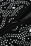 Zwart sexy effen patchwork doorzichtige hete boor O-hals rokjurken met één stap