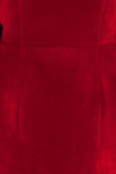 レッドのエレガントなソリッドパッチワークビーズフォールドVネックストレートドレス