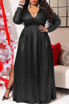 Zwarte Mode Casual Solid Slit V-hals Lange mouw Grote maten jurken