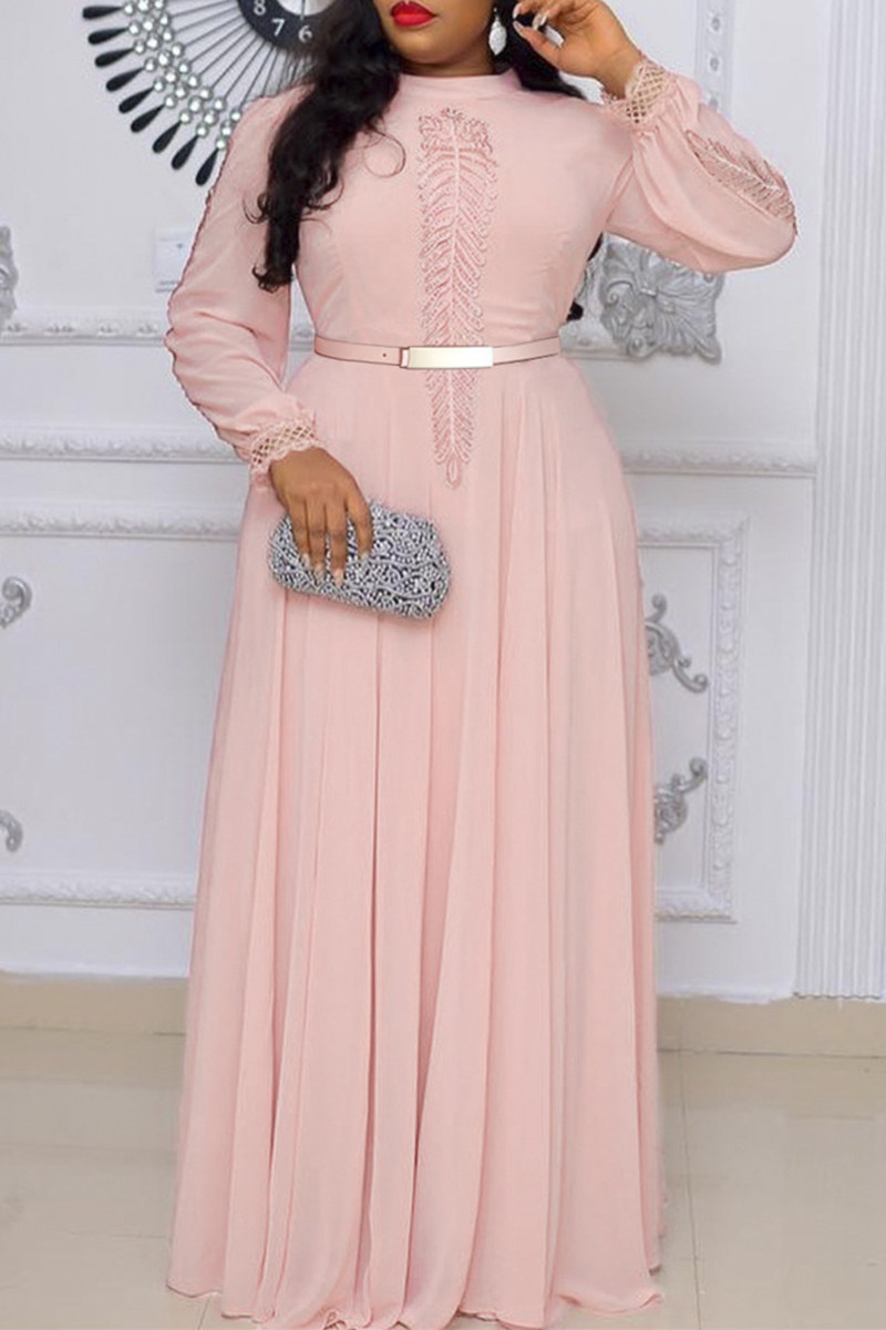 

Pink Fashion Casual Solid Split Joint Half A Turtleneck Long Sleeve Plus Size Dresses