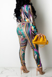 Разноцветный модный сексуальный принт в стиле пэчворк с отложным воротником с длинным рукавом и пряжкой из двух предметов