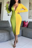 Tangerine Fashion Casual Solid Patchwork V Neck Long Sleeve Dresses