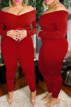 Red Fashion Casual Solid Split Joint V Neck Plus Size Jumpsuits