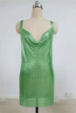 Зеленое модное сексуальное лоскутное платье без рукавов с открытой спиной и разрезом на шее