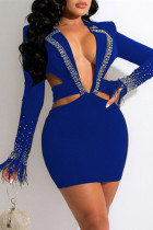 Blå Mode Sexig Patchwork Hot Drilling urholkad V-hals långärmade klänningar