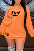 Оранжевый модный сексуальный принт с буквенным принтом, базовый, с круглым вырезом, с длинным рукавом, из двух частей