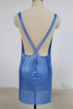 Royal Blue Fashion Sexy Patchwork Backless Slit Halter Sleeveless Dress