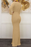 Khaki Sexy Solid Patchwork Fold V Neck Trumpet Mermaid Dresses