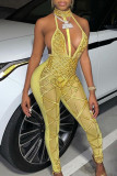 Yellow Sexy Print Hollowed Out Patchwork Halter Regular Jumpsuits