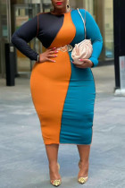 Orange Mode Casual Patchwork Basic O-halsad långärmad klänning i plusstorlek (utan bälte)