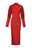 Red Fashion Casual Solid Basic Rollkragen Langarm Abendkleid