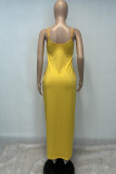 Yellow Sexy Casual Solid Backless Spaghetti Strap Long Dress