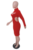 Red Casual Print Patchwork Half A Turtleneck Pencil Skirt Dresses