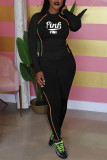 Черный Повседневная спортивная одежда Пэчворк с круглым вырезом Длинный рукав Из двух частей Пэчворк с буквенным принтом