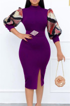Фиолетовые модные повседневные лоскутные платья с разрезом на половину водолазки и юбкой-карандаш