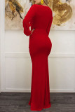 Vestidos vermelhos sexy sólidos com retalhos e decote em V trompete sereia