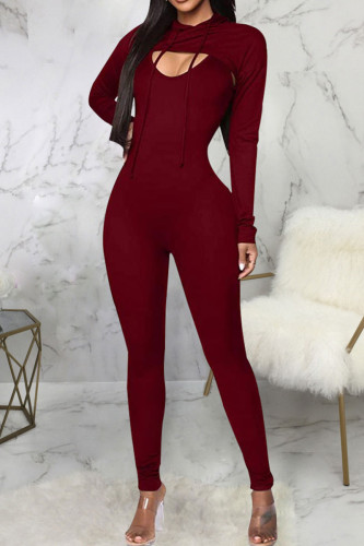 Burgundy Sexy Print Patchwork Hooded Collar Long Sleeve Two Pieces