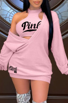 ピンクファッションセクシーレタープリントベーシックOネック長袖ツーピース