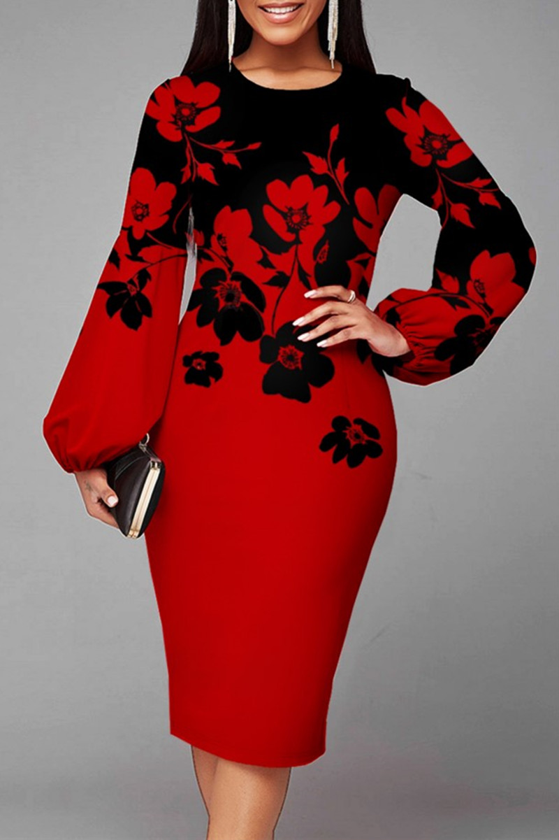 

Red Fashion Casual Print Basic O Neck Long Sleeve Dresses