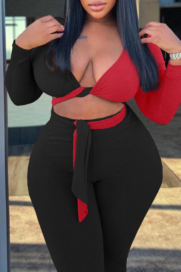 Black Sexy Solid Bandage Patchwork V Neck Plus Size Two Pieces