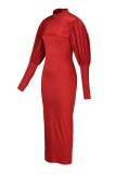 Красное модное повседневное однотонное базовое вечернее платье с длинным рукавом с высоким воротником