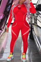 Röd mode sportkläder Bokstavstryck Basic O-hals långärmad två delar