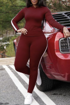 Deep Red Casual Sportswear Solid Patchwork Huvkrage Långärmad i två delar