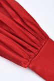 Vestido de noche de manga larga con cuello alto básico sólido casual de moda rojo