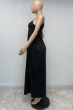 Черное сексуальное повседневное однотонное длинное платье на тонких бретелях с открытой спиной