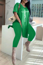 Verde Moda Casual Estampado Com Gola V Manga Curta Duas Peças