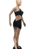 Black Sexy Solid Hollowed Out Patchwork Draw String Fold Asymmetrical U Neck One Step Skirt Dresses