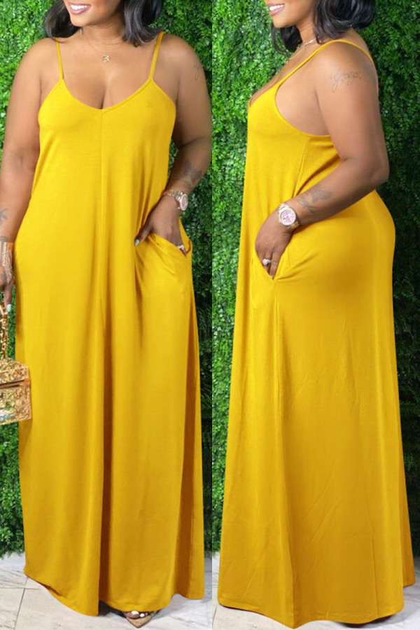Желтое сексуальное повседневное однотонное длинное платье на тонких бретелях с открытой спиной