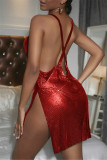 赤いファッションセクシーなパッチワーク背中の開いたスリットホルターノースリーブドレス