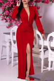 Rote sexy solide Patchwork-Falten-Meerjungfrauenkleider mit V-Ausschnitt und Trompete