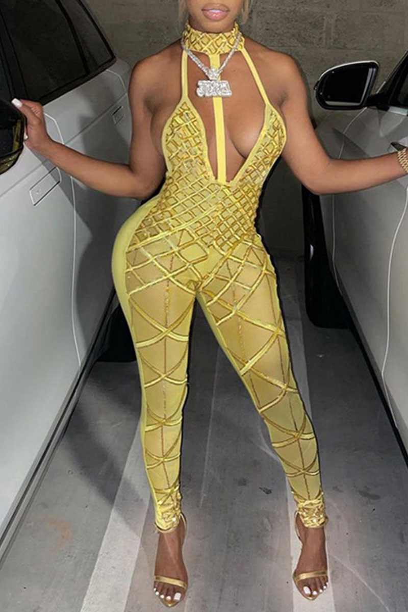 

Yellow Sexy Print Hollowed Out Split Joint Halter Regular Jumpsuits