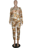 Blue Fashion Casual Camouflage Print Patchwork Turndown Collar Long Sleeve Two Pieces