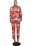 Tangerine Red Fashion Casual Camouflage Print Patchwork Turndown Collar Long Sleeve Two Pieces