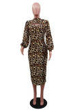 Leopard Print Fashion Sexy Print Leopard Hollowed Out Turtleneck Long Sleeve Two Pieces