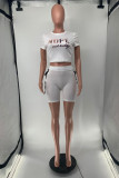White Fashion Casual Letter Print Bandage Hollowed Out O Neck Short Sleeve Two Pieces